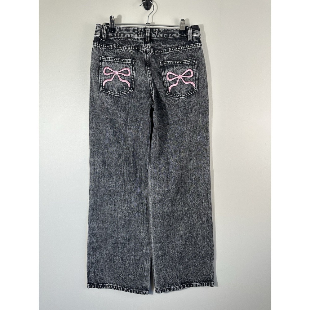 Disclosure Jeans Womens 3/26 29x30.5 Black‎ Wide Leg Baggy Skater Bow Embroidery